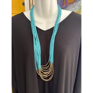 Blue And Gold Multi Strand Necklace Adjustable